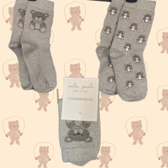 Mila Paoli Made In Italy Sand Teddy Bear Graphic Cashmere Wool Blend Crew Socks - Picture 1 of 5